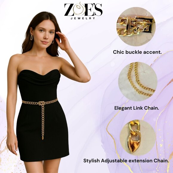Gold Chain Link With Buckle Closure, Adjustable Fashion Waist Chain Size S M L - Picture 7 of 9
